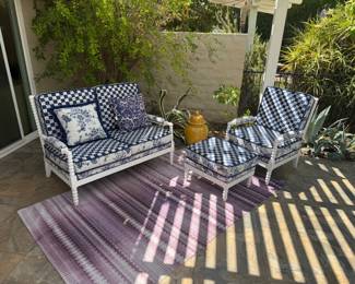Mackenzie Childs settee, chair & ottoman