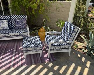 Mackenzie Childs settee, chair & ottoman