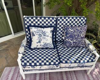 Mackenzie Childs settee, chair & ottoman