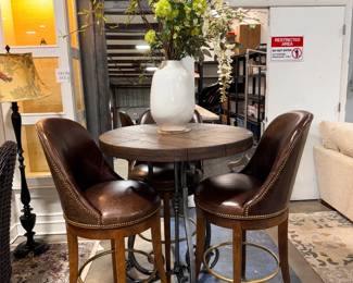 BAR TABLE AND 3 LEATHER STOOLS