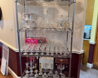 Crystal glassware, bar ware, candle holders, silver ice bucket, vases