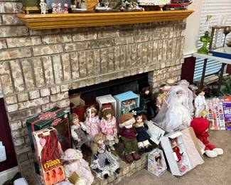 Porcelain dolls, Masketeers wall plaques, Our American Heritage collection by Mike Roche - lumberjack, Calvary officer, and panning for gold with bases