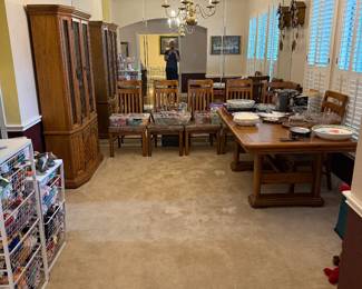 Beanie babies, china cabinet, dining table with leaf and 6 chairs, crystal trays