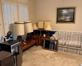 Mid-century 4 way lamps, coffee table and end tables, dorm fridge, couch, art, cds