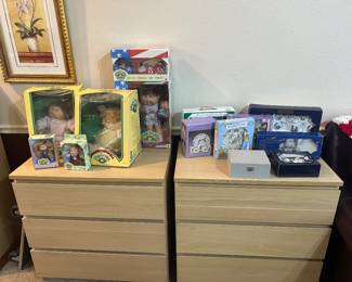 Cabbage patch kids, tea sets, 3-drawer dressers, lingerie chest with flip up mirror