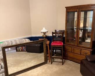 Mirror, bar stools, curio cabinet, lamps