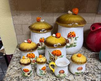 Merry Mushroom ceramic canister set, salt and pepper shakers, cream and sugar - 1970s -pristine condition 8 piece set, cottagecore, grandmacore