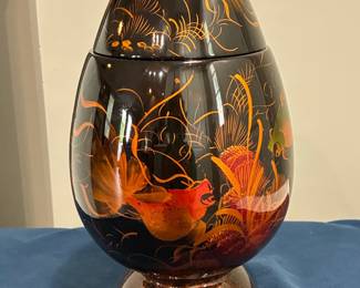 Vintage Vietnamese Lacquerware Pedestal Egg Box with Fish and Floral Motifs