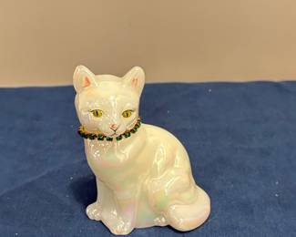 Fenton Art Glass Iridescent Cat Figurine with Green Rhinestone Collar