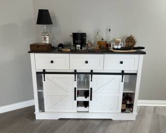 Farmhouse Style Bar Cabinet with Sliding Barn Doors and Wine Storage