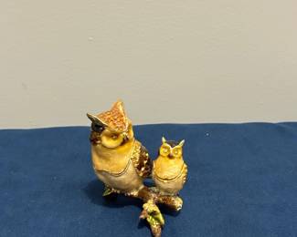 Enamel and Rhinestone Owl and Owlet Trinket Box
