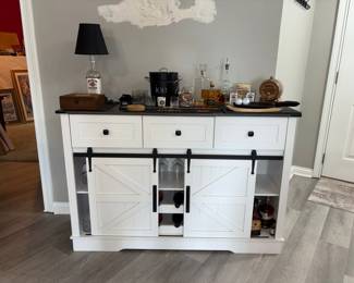 Farmhouse Style Bar Cabinet with Sliding Barn Doors and Wine Storage