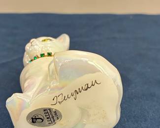 Fenton Art Glass Iridescent Cat Figurine with Green Rhinestone Collar