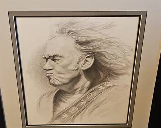 Pencil Sketch Portrait of a Man with Flowing Hair and Peace Symbols