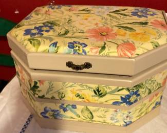 Vintage Floral Fabric Octagonal Sewing Box
