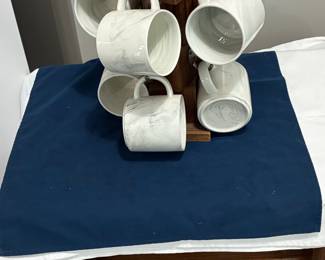 Marble Swirl Ceramic Mug Set with Wooden Holder