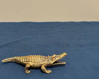 Vintage Brass Alligator Figurine with Red Gemstone Eyes