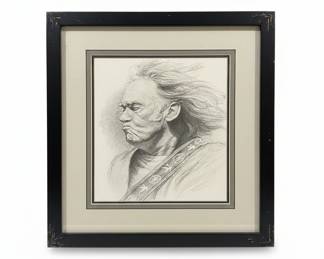 Pencil Sketch Portrait of a Man with Flowing Hair and Peace Symbols