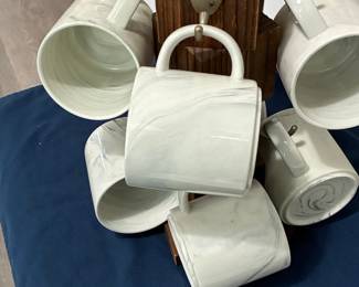 Marble Swirl Ceramic Mug Set with Wooden Holder