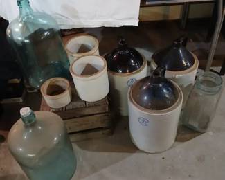Old Large Crocks,Wood Crate Glass Jars