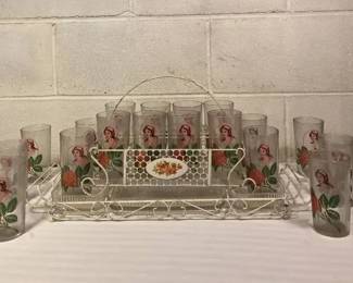 Vintage Floral Metal Drink Tray WGlasses