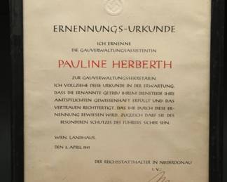 	1941 Nazi Germany Appointment Certificate with Se
