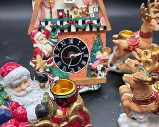 Musical Clock And Santa Reindeer Candle Holders Untested