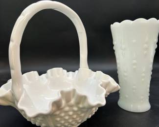 Vintage Milk Glass Basket And Vase