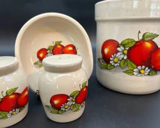 Vintage Apple Design Pottery Utensil Holder, Spoon Rest And SP Shakers