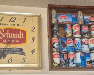 vintage Schmidt Beer lighted clock And Scenic Can Collection