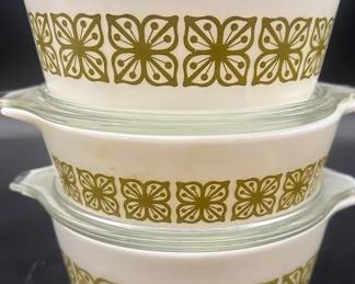 Vintage Pyrex Verde Pattern Casserole Dishes w Lids Green Floral Set USA