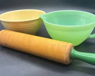 Jadite Fire King Batter Bowl, Vintage Rolling Pin, Vintage Baur Mixing Bowl