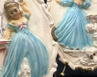 Vintage Chalkware Wall Plaques Girl Vanity Mirror Bedroom Set Pair Hand Painted