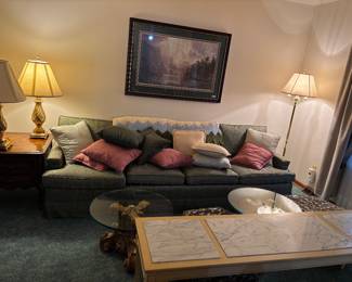 Extra long sofa, tea table, lamps, ottomans, coffee tables