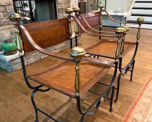 Leather and Brass Armchairs with Wrought Iron Frame