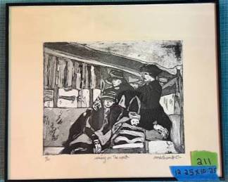 Framed Etching Titled ‘Riding on the Work’ by Ann Monfort