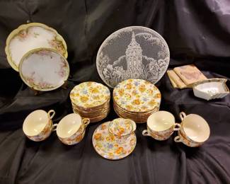 Floral Porcelain Tea Set, Shozan Kutani Dish Butterfly Coasters