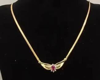 Italian 14K Gold Herringbone Necklace with Ruby Diamond Cluster Center