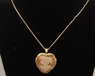 14K Italian Gold Shell Cameo Convertible Pendant Brooch Necklace Set