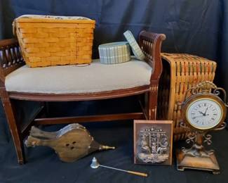 Vanity Bench, Sewing Baskets, Mantel Clock Home Decor Lot