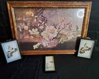 AsianInspired Art Collection Floral Painting, Crane Wall Art Boat Figurine
