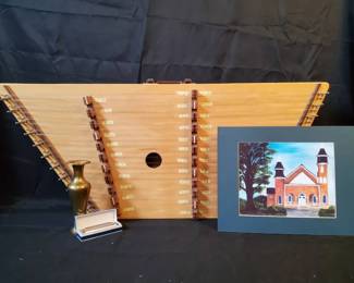 Musical Decorative Collectors Lot Stringed Instrument, Framed Art, Brass Vase Harmonica