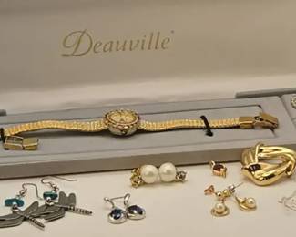 Vintage Deauville Watch Set, Tagged Israel Artform Brooch P14K GoldTone Fashion RingsEarrings