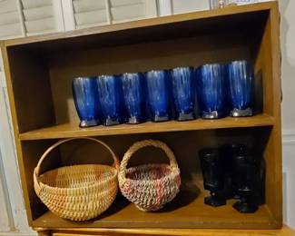 TwoShelf Bookshelf with Blue Glassware Woven Basket Collection