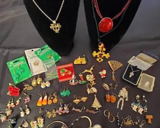Holiday Themed Costume Jewelry Lot Scottish Pewter, St. Patricks Day Seasonal Brooches More