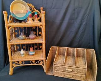 Wicker Tiered Shelf Desktop Organizer Artisan Pottery Decor Lot