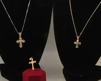 14K Gold Estate Jewelry Lot Diamond Emerald Cross Pendants, 14K Chains Gold Filled Cross