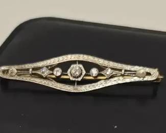 Antique Art Deco 14K TwoTone Gold Openwork Filigree Diamond Brooch Pin Aprox. 4.53g