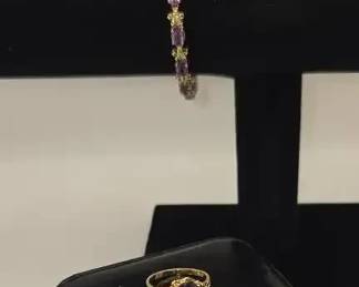 2Pc Estate Amethyst Jewelry Set Solid 10K Gold Ring 14K Vermeil Bracelet