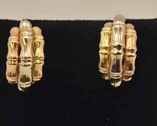 TriColor 14K Gold BambooStyle Hoop Earrings Made in Italy
